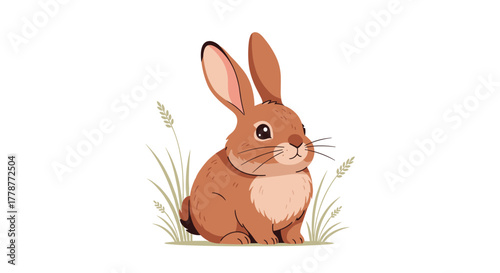 An adorable brown cartoon rabbit with long ears and expressive eyes sits peacefully in green grass against a clean white background.