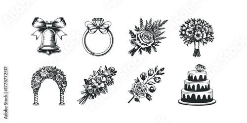 Wedding ceremony symbols including bell ring bouquet arch and cake