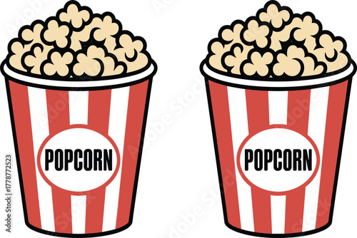 Popcorn in Striped Bucket Vector Set - Cinema Snack, Movie Night, and Entertainment Cartoon Illustration