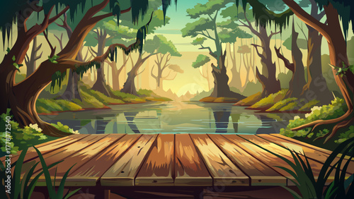 Very beautiful close-up of a rustic empty wooden table with a blurred Louisiana swamp background, featuring soft natural lighting, warm tones, and atmospheric depth perfect for product display or mock