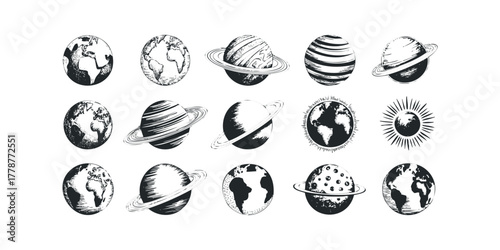 Collection of sketched celestial bodies and planetary illustrations