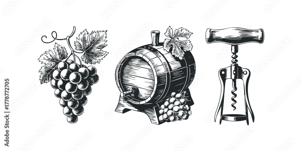 Obraz premium Grapes, wine barrel, and corkscrew illustration