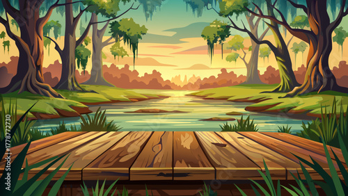 Very beautiful close-up of a rustic empty wooden table with a blurred Louisiana swamp background, featuring soft natural lighting, warm tones, and atmospheric depth perfect for product display or mock