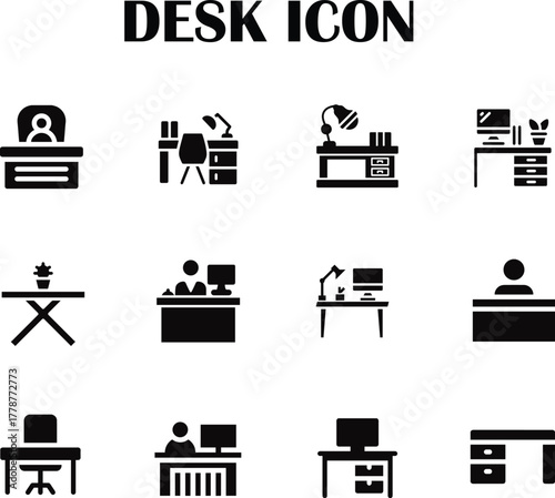 Modern office desk vector icon – minimalist symbol for work, study, and productivity concepts