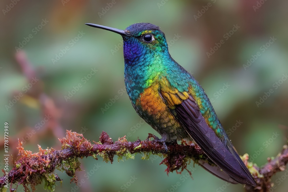 Fototapeta premium Fierythroated Hummingbird perched on mossy branch in lush rainforest habitat during vibrant morning light