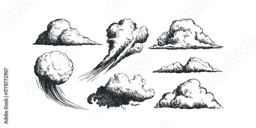 Collection of sketched clouds and smoke elements