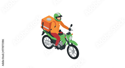 Motorcycle delivery rider in isometric view with helmet and orange backpack