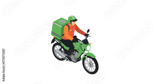 Isometric motorcycle delivery rider with green box in motion