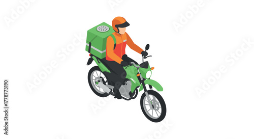 Isometric delivery motorcycle rider with green backpack in motion