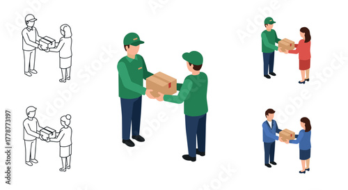 Isometric delivery concept with couriers and customers exchanging packages