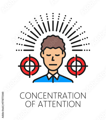 Attention concentration cognitive ability color line icon or sign. Concentration cognitive ability improvement vector icon. Mental capability development sign with man character and target cross
