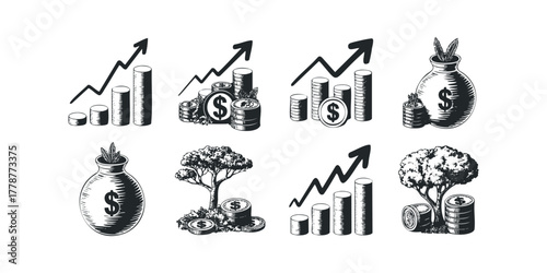Money growth icons with coins, trees, and upward trending graphs