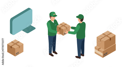 Isometric delivery service workers handling packages with computer screen in background