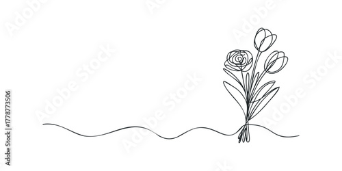Single line drawing of a bouquet of flowers and wavy line