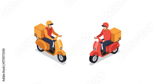 Isometric delivery riders on scooters in vibrant uniforms