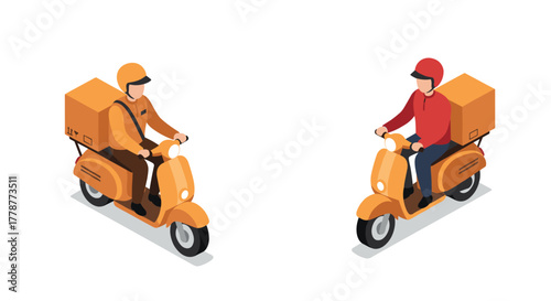 Isometric delivery services on scooters with safety gear and cargo boxes