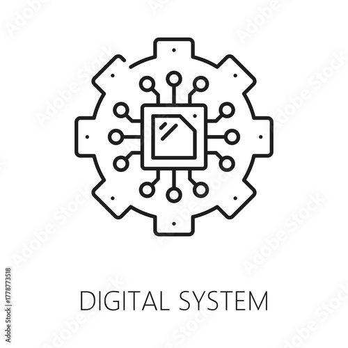 RPA digital system thin line icon or sign. Industry process automation linear vector sign, RPA solution outline pictogram. Machine learning innovation symbol or icon with computer chip and gear wheel