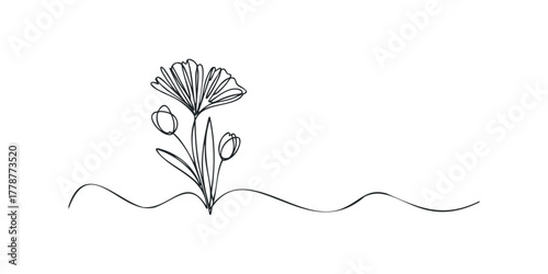 Minimalist single line drawing of blossoming flowers and wavy ground