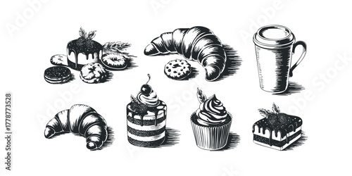 Variety of baked goods and coffee cup graphic