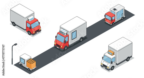 Isometric delivery trucks on road modern transport fleet in various designs