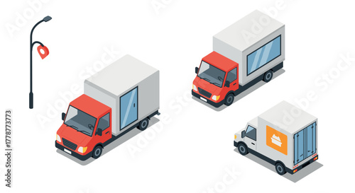 Isometric delivery trucks and streetlight set for logistics and transportation design