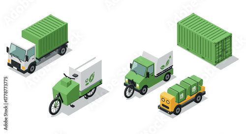 Ecofriendly cargo and delivery vehicles in modern isometric design