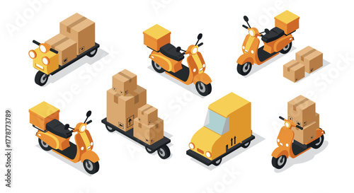 Isometric delivery scooters and carts with boxes for ecommerce and logistics