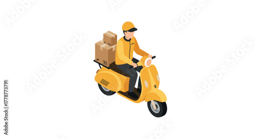 Urban delivery isometric courier on yellow scooter with packages
