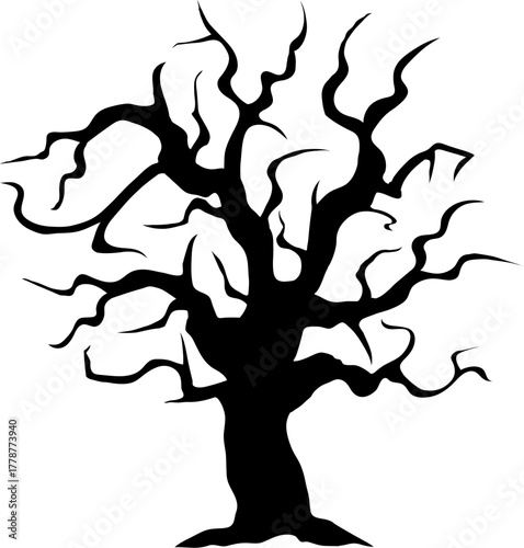 Halloween tree with leafless branches silhouette. Horror cemetery vector dead tree silhouette, graveyard creepy leafless wood. Garden spooky dry plant or Halloween scary forest crooked trunk shape