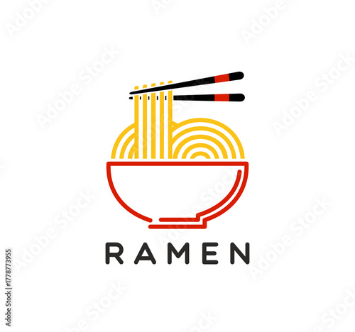 Asian cuisine fast food ramen noodle icon or emblem. Asian cuisine fast food icon, noodle pasta meal vector symbol. Chinese food restaurant ramen emblem or sign with noodle bowl and chopsticks