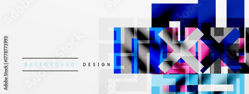 Abstract geometric pattern. Blue, pink, gray squares overlap white space. Modern design element for backgrounds, presentations.