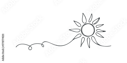 Simple single line drawing of a smiling sun with rays and a swirling tail