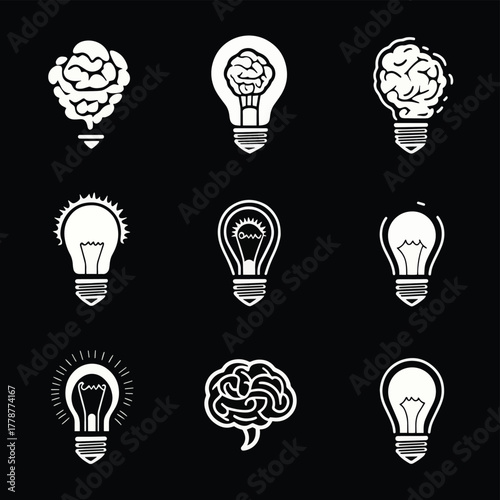 Collection of brain and light bulb icons representing ideas, knowledge, and intelligence.   high resolution   for isolate image