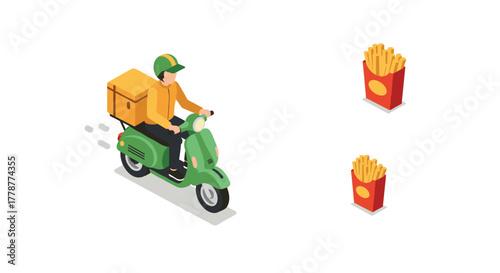Isometric food delivery rider on scooter with french fries boxes