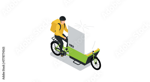 Isometric bicycle delivery concept with courier and cargo box on white background