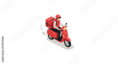 Isometric delivery person riding red scooter with parcel box on white background
