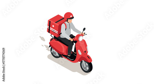 Isometric delivery service on red scooter with courier in helmet