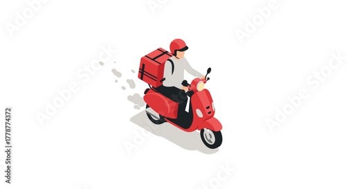 Delivery service on red scooter with courier in isometric style