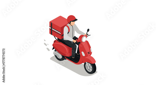 Isometric delivery rider on red scooter with parcel box