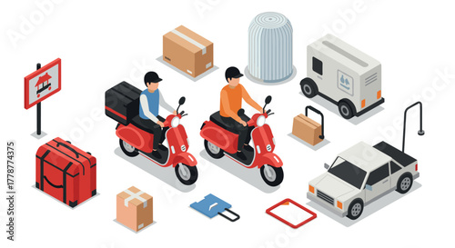 Isometric delivery scene with couriers on motorbikes and urban elements