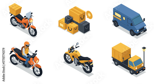 Isometric delivery transport and packaging concept with motorbike, van, and boxes