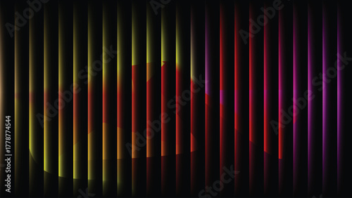 Abstract colorful background with  black stripes, bright colorful red and yellow gradient. Ribbed abstract color gradation texture, sphere noise effect. Corrugated background with luminous ridges.