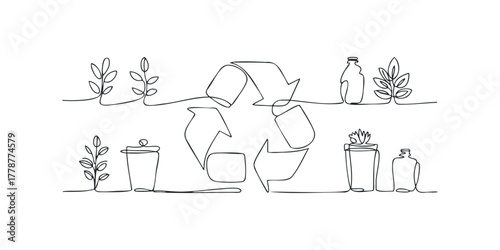 Recycle symbol with plant and container line art