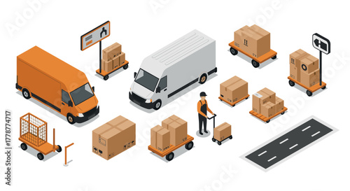 Isometric delivery and logistics concept with trucks and packages on a road