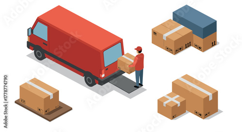 Isometric delivery van and worker handling cardboard packages in warehouse setting
