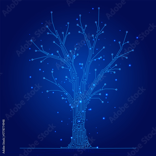 Glowing circuit tree on a dark blue background, blending nature with futuristic digital technology.