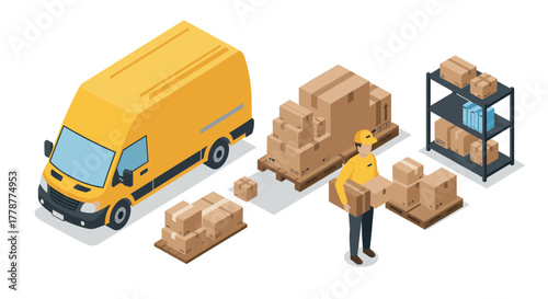Isometric warehouse scene with delivery van, worker, and cardboard boxes