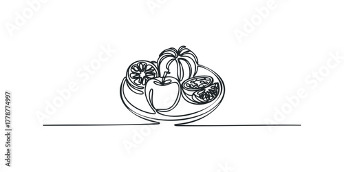 Continuous line drawing of assorted fruits on a platter