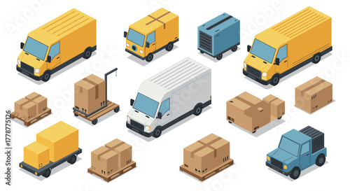 Isometric delivery trucks and packages collection for logistics and shipping concepts