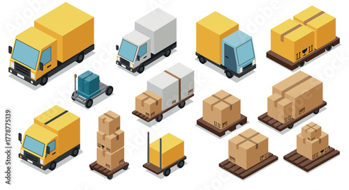 Isometric delivery trucks and packages collection for logistics and transport themes